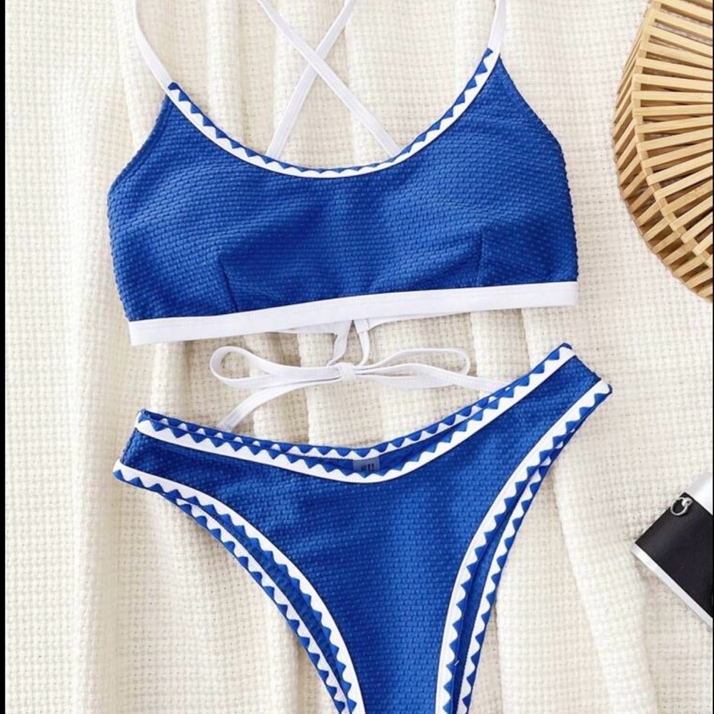 SHEIN Royal Blue and White Textured Bikini
